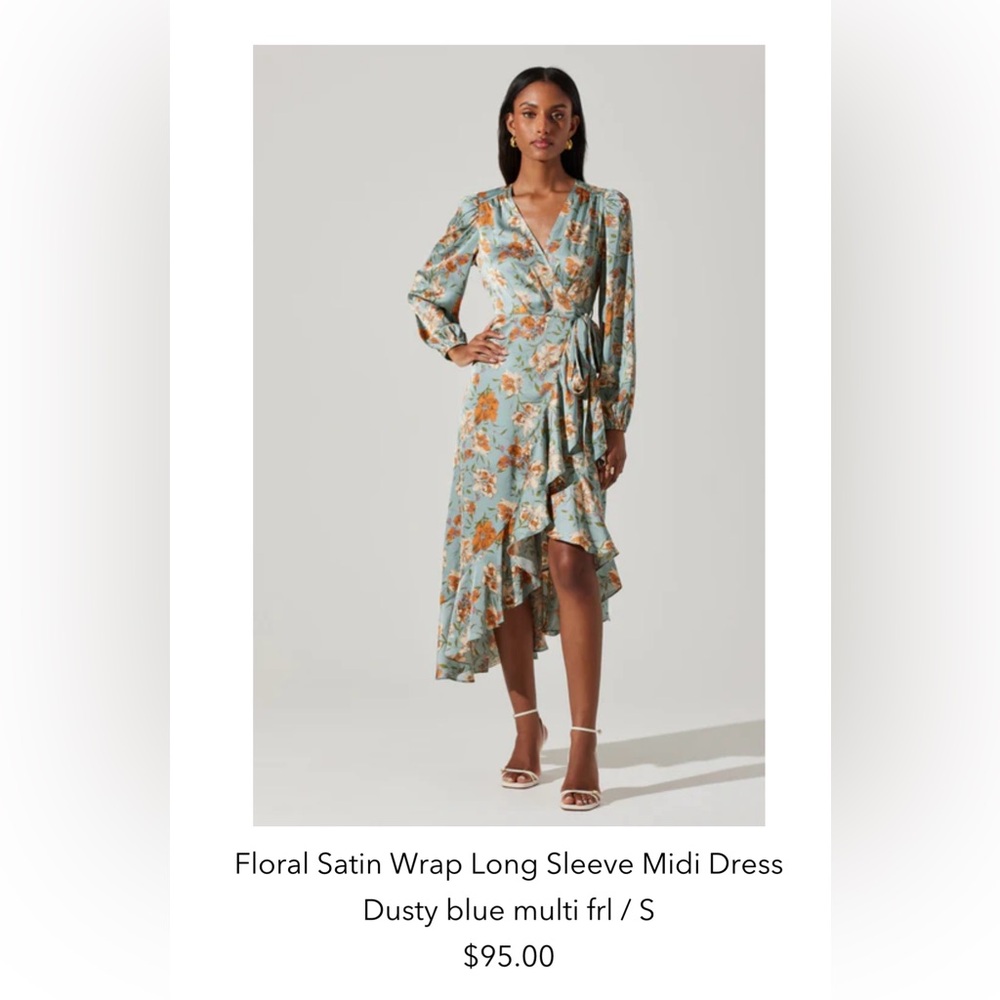 Astr Floral Satin Wrap Long Sleeve Midi Dress